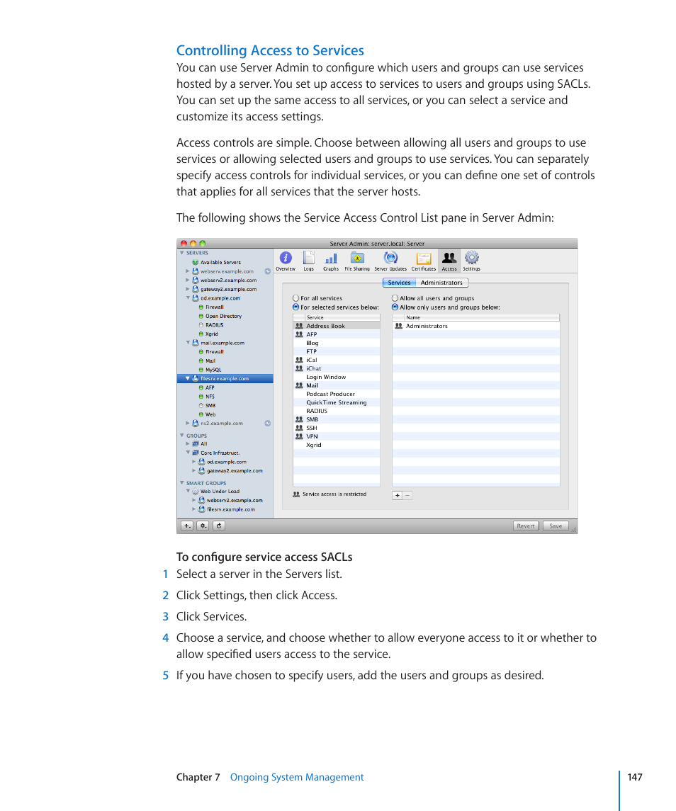 Controlling access to services | Apple Mac OS X Server (Version 10.6 Snow Leopard) User Manual | Page 147 / 197