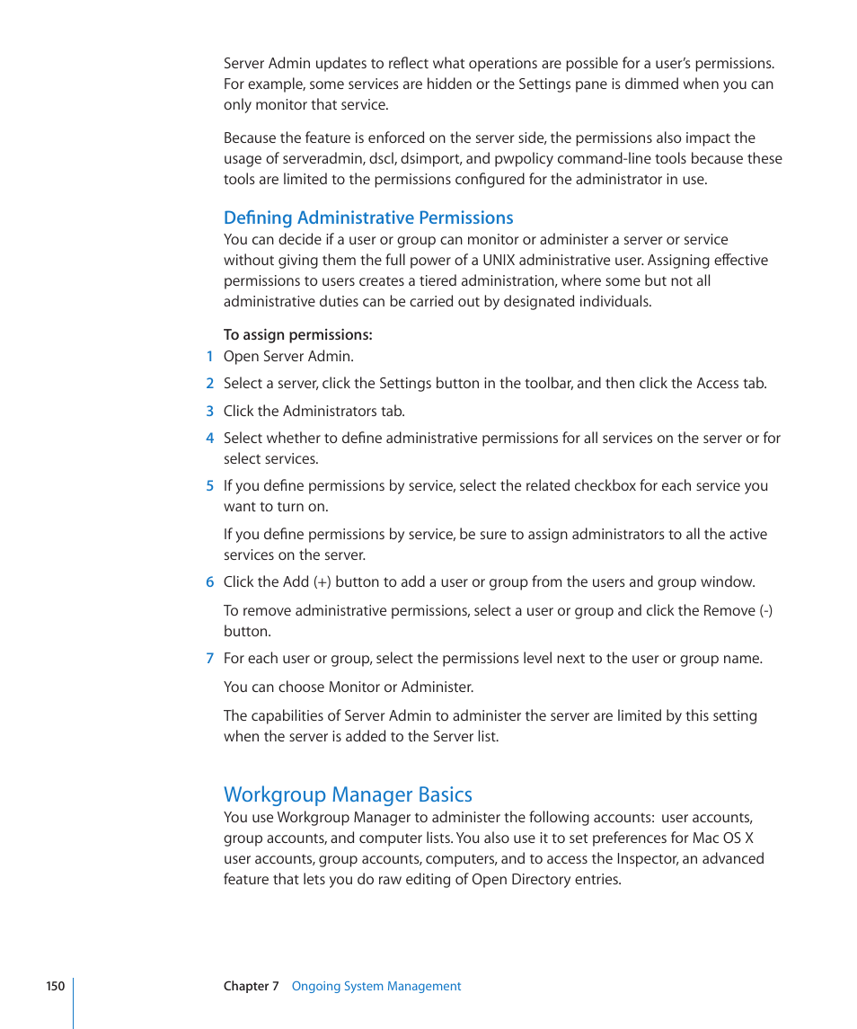 Defining administrative permissions, Workgroup manager basics, 150 workgroup manager basics | Apple Mac OS X Server (Version 10.6 Snow Leopard) User Manual | Page 150 / 197