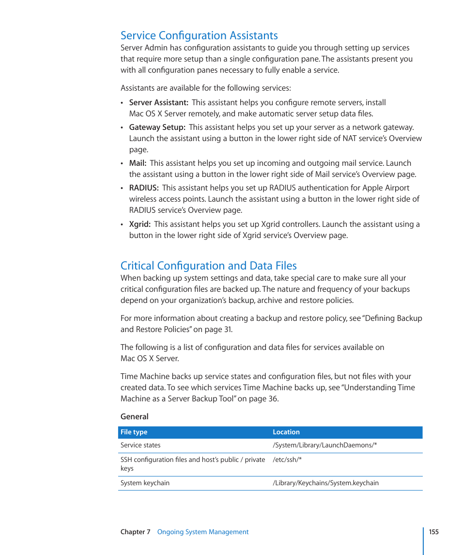 Service configuration assistants, Critical configuration and data files | Apple Mac OS X Server (Version 10.6 Snow Leopard) User Manual | Page 155 / 197