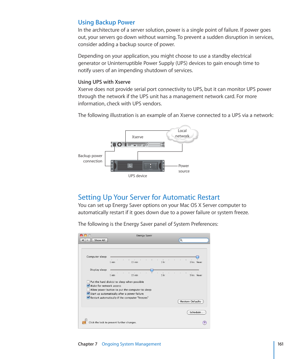 Using backup power, Setting up your server for automatic restart, 161 setting up your server for automatic restart | Apple Mac OS X Server (Version 10.6 Snow Leopard) User Manual | Page 161 / 197