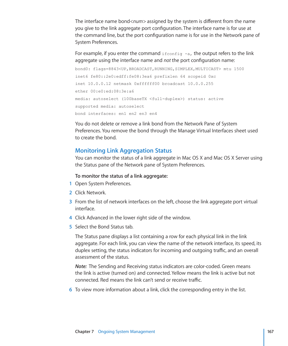 Monitoring link aggregation status | Apple Mac OS X Server (Version 10.6 Snow Leopard) User Manual | Page 167 / 197