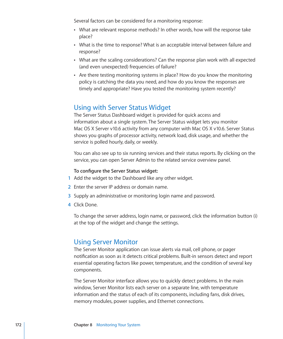 Using with server status widget, Using server monitor | Apple Mac OS X Server (Version 10.6 Snow Leopard) User Manual | Page 172 / 197