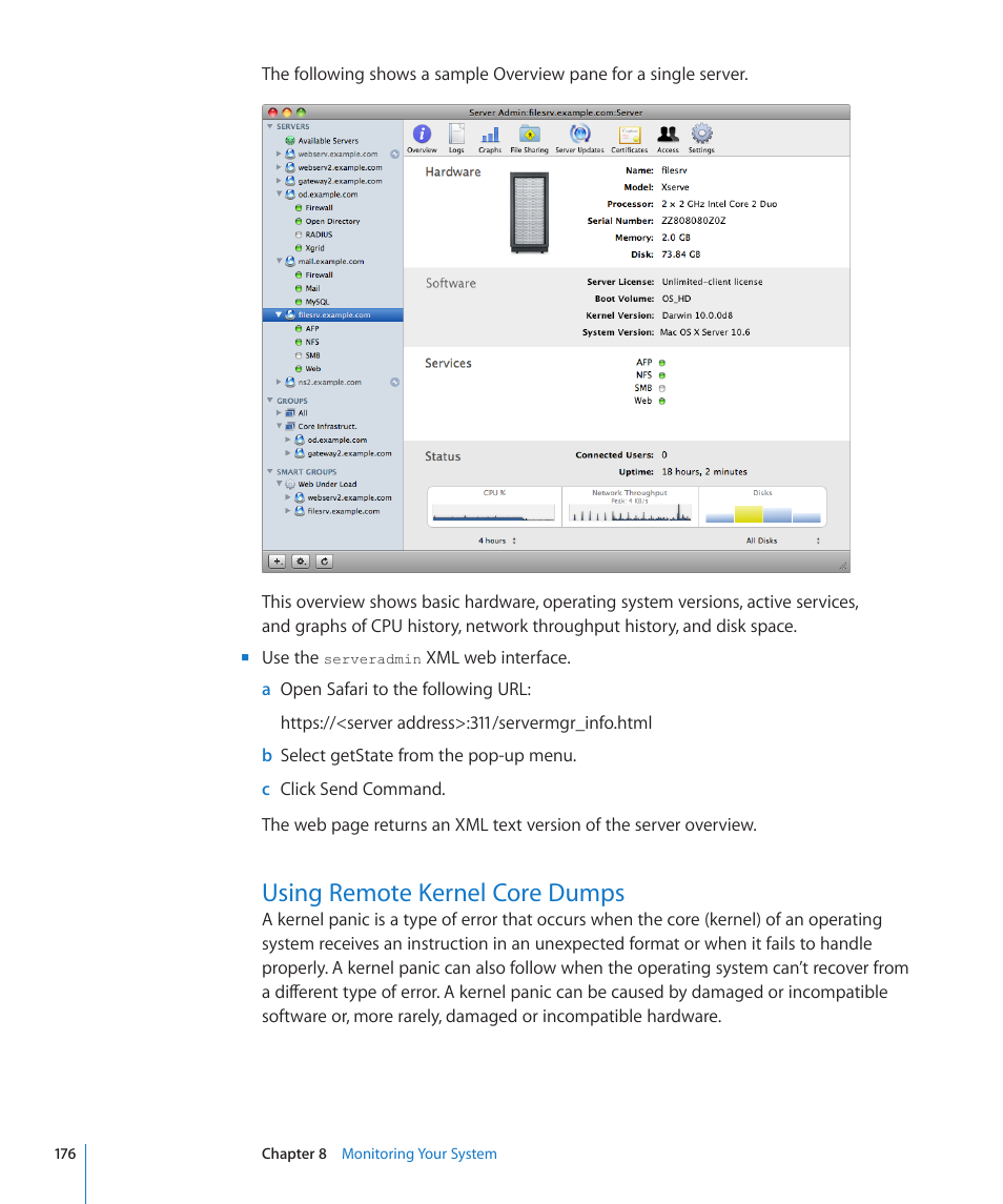 Using remote kernel core dumps, 176 using remote kernel core dumps | Apple Mac OS X Server (Version 10.6 Snow Leopard) User Manual | Page 176 / 197