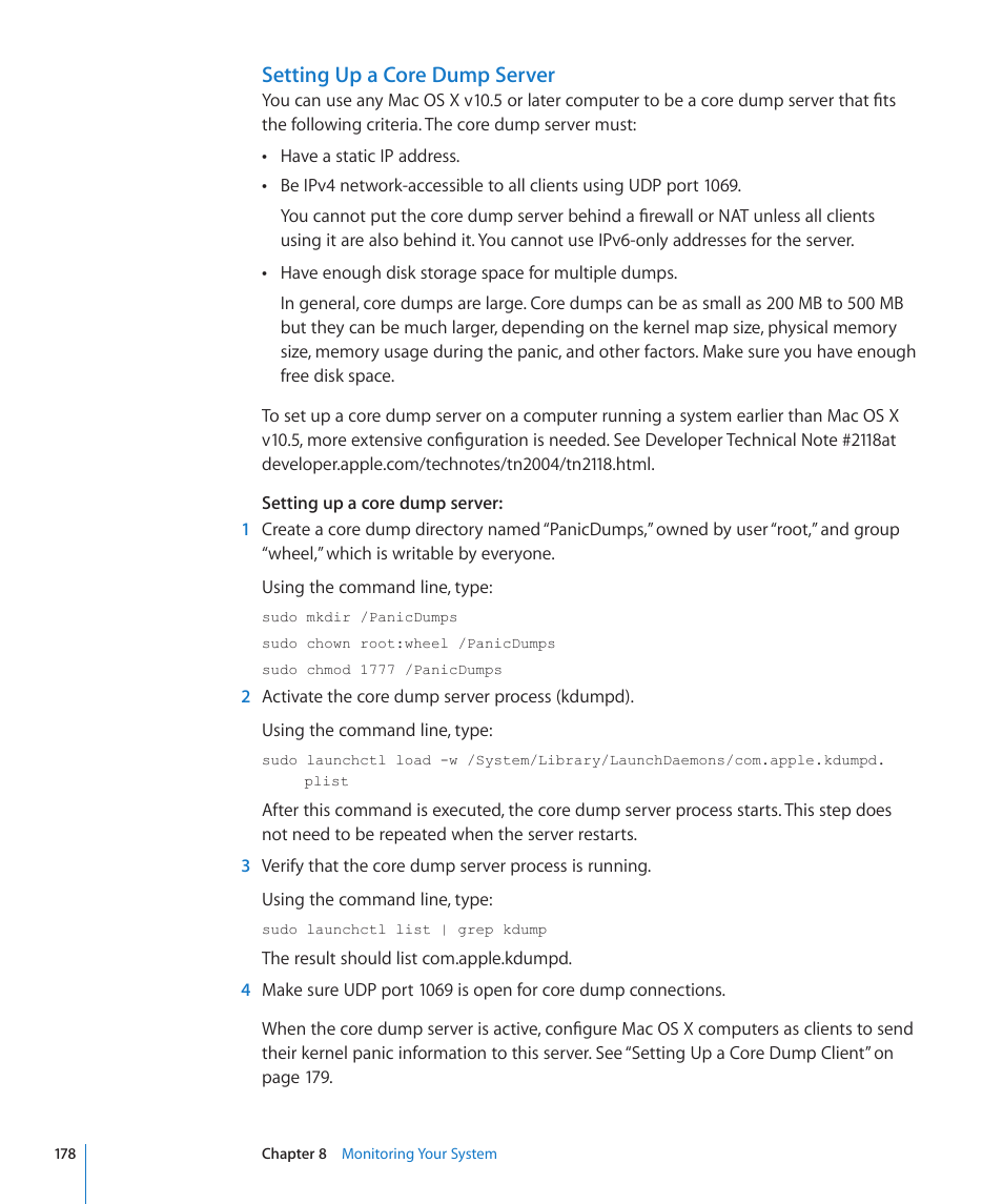 Setting up a core dump server | Apple Mac OS X Server (Version 10.6 Snow Leopard) User Manual | Page 178 / 197