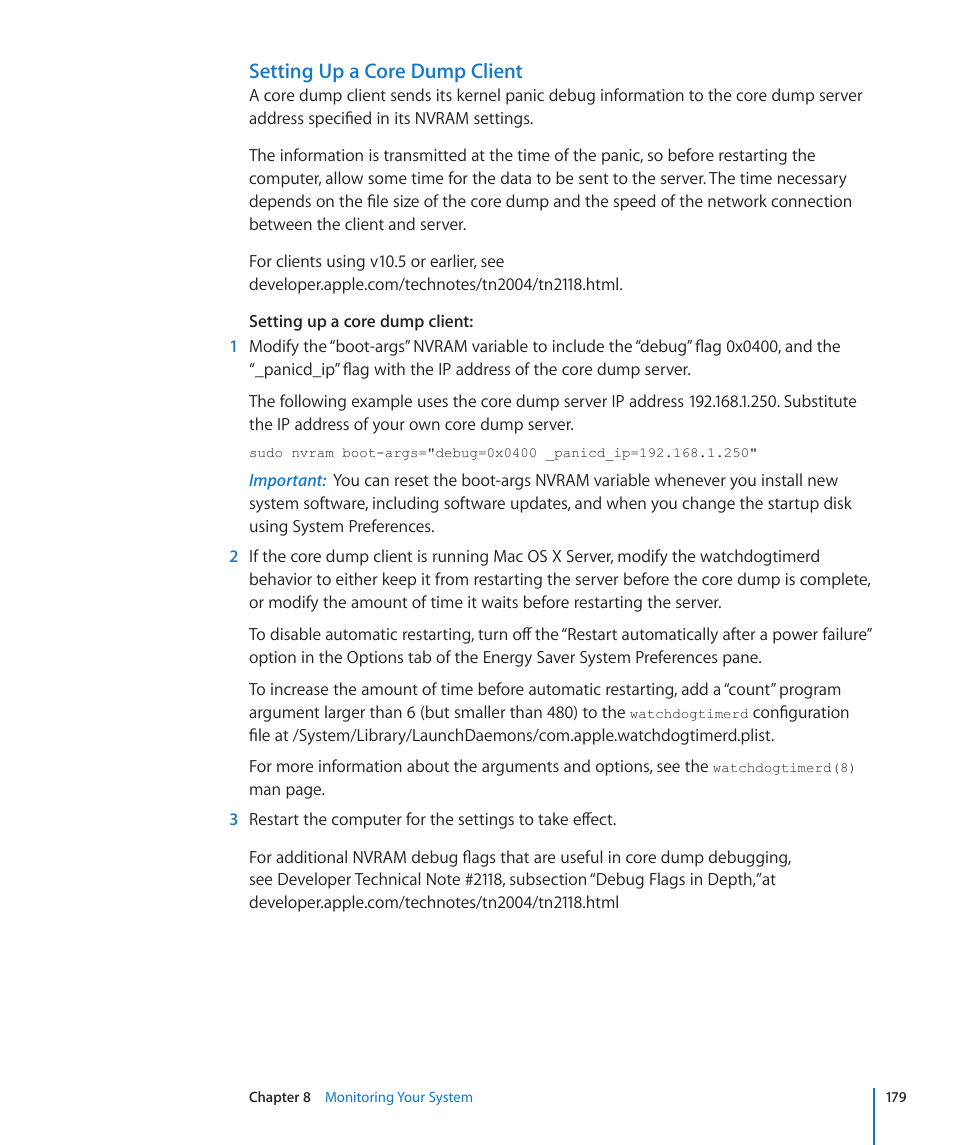 Setting up a core dump client | Apple Mac OS X Server (Version 10.6 Snow Leopard) User Manual | Page 179 / 197
