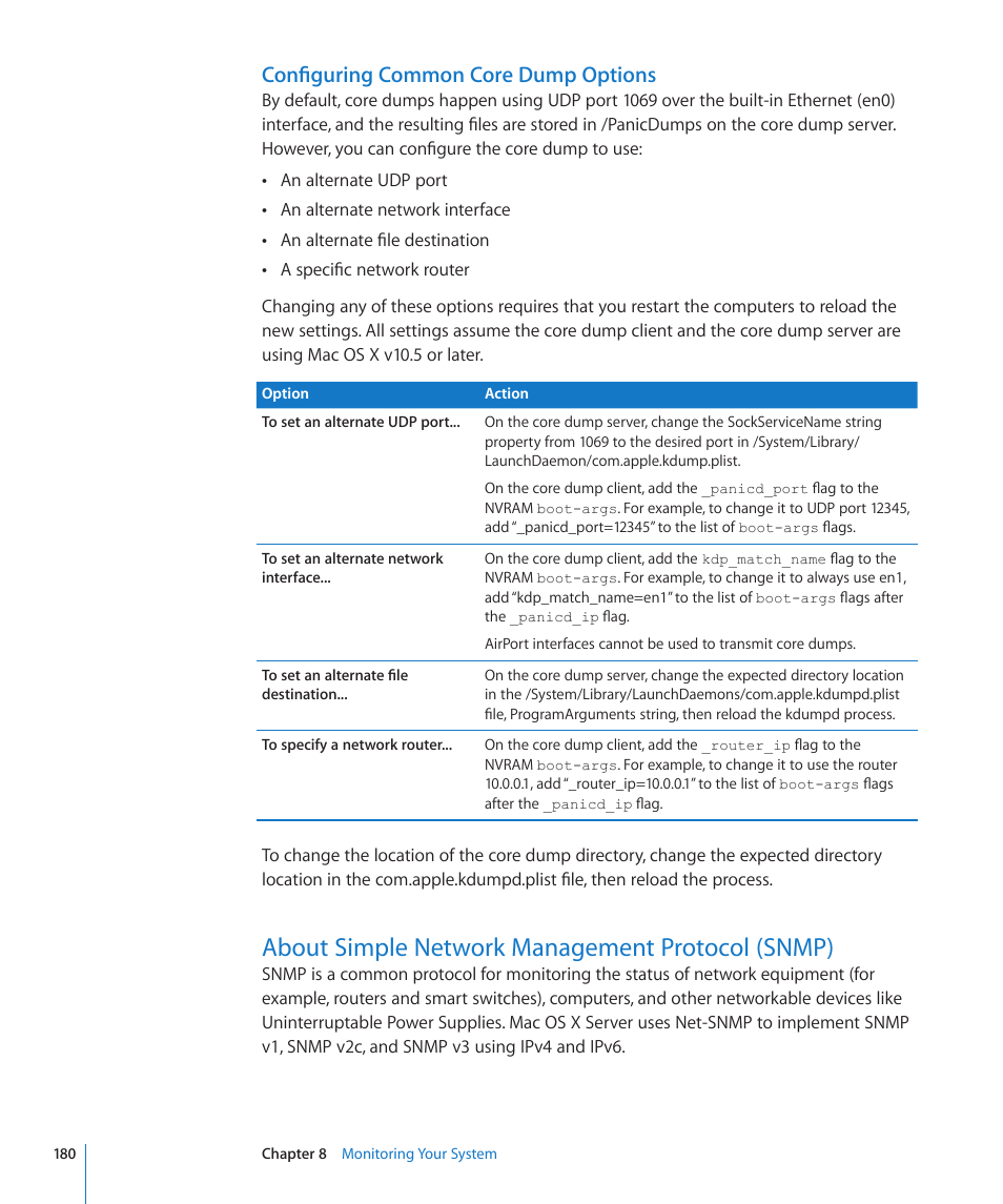Configuring common core dump options, About simple network management protocol (snmp) | Apple Mac OS X Server (Version 10.6 Snow Leopard) User Manual | Page 180 / 197