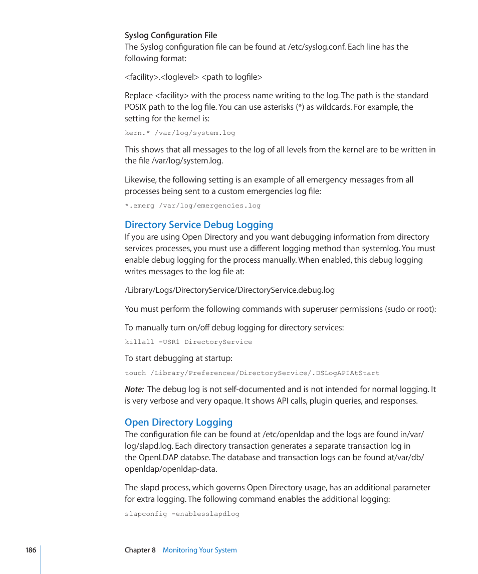 Directory service debug logging, Open directory logging | Apple Mac OS X Server (Version 10.6 Snow Leopard) User Manual | Page 186 / 197