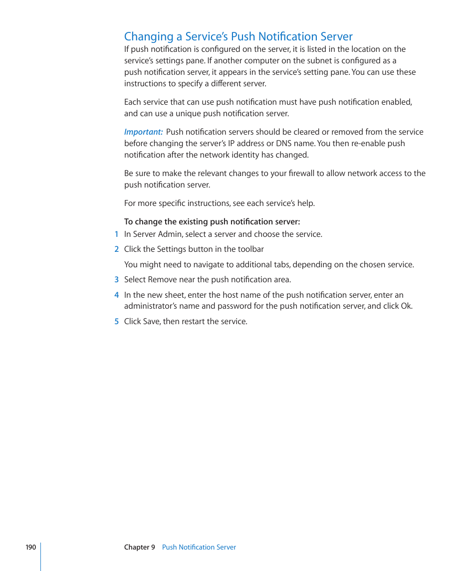 Changing a service’s push notification server, 190 changing a service’s push notification server | Apple Mac OS X Server (Version 10.6 Snow Leopard) User Manual | Page 190 / 197