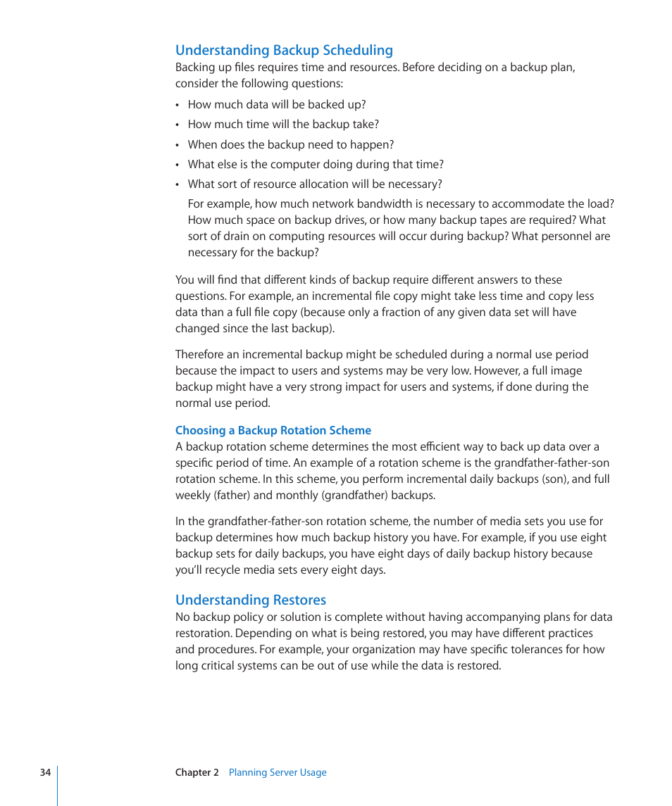 Understanding backup scheduling, Understanding restores | Apple Mac OS X Server (Version 10.6 Snow Leopard) User Manual | Page 34 / 197