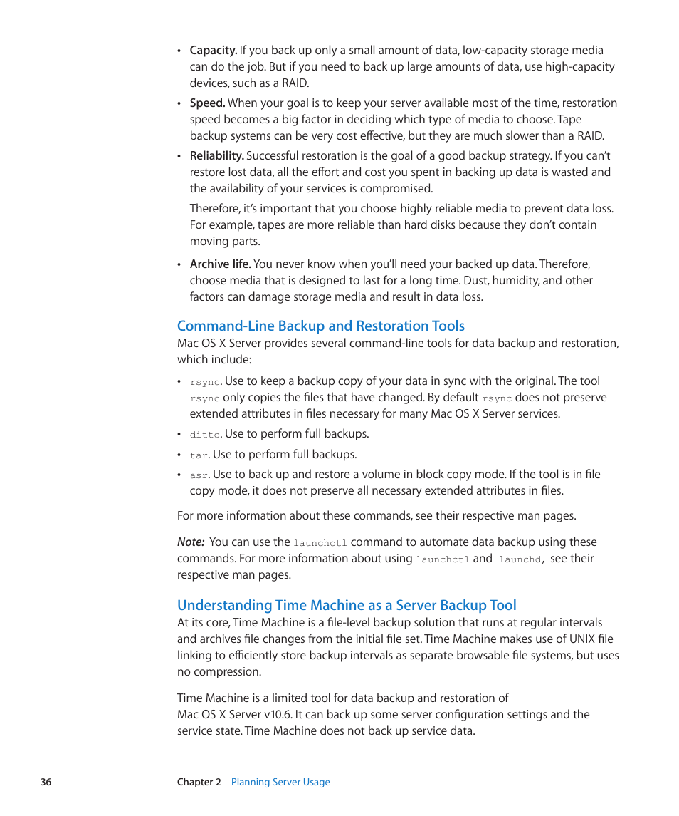 Command-line backup and restoration tools, Understanding time machine as a server backup tool | Apple Mac OS X Server (Version 10.6 Snow Leopard) User Manual | Page 36 / 197