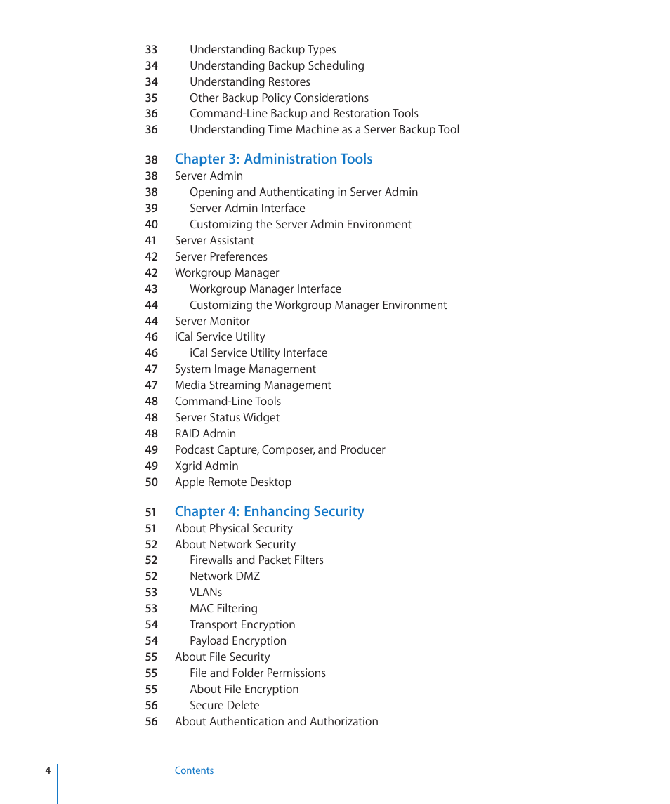 Chapter 3: administration tools, Chapter 4: enhancing security | Apple Mac OS X Server (Version 10.6 Snow Leopard) User Manual | Page 4 / 197