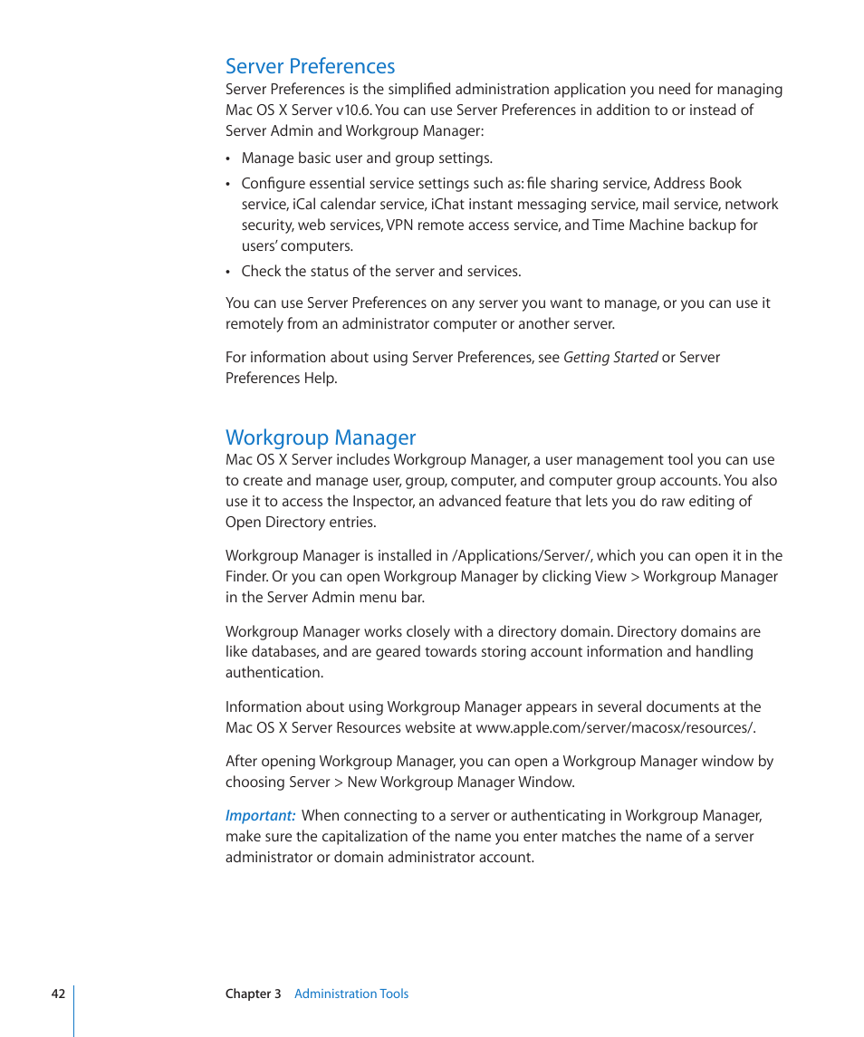 Server preferences, Workgroup manager, 42 server preferences 42 workgroup manager | Apple Mac OS X Server (Version 10.6 Snow Leopard) User Manual | Page 42 / 197