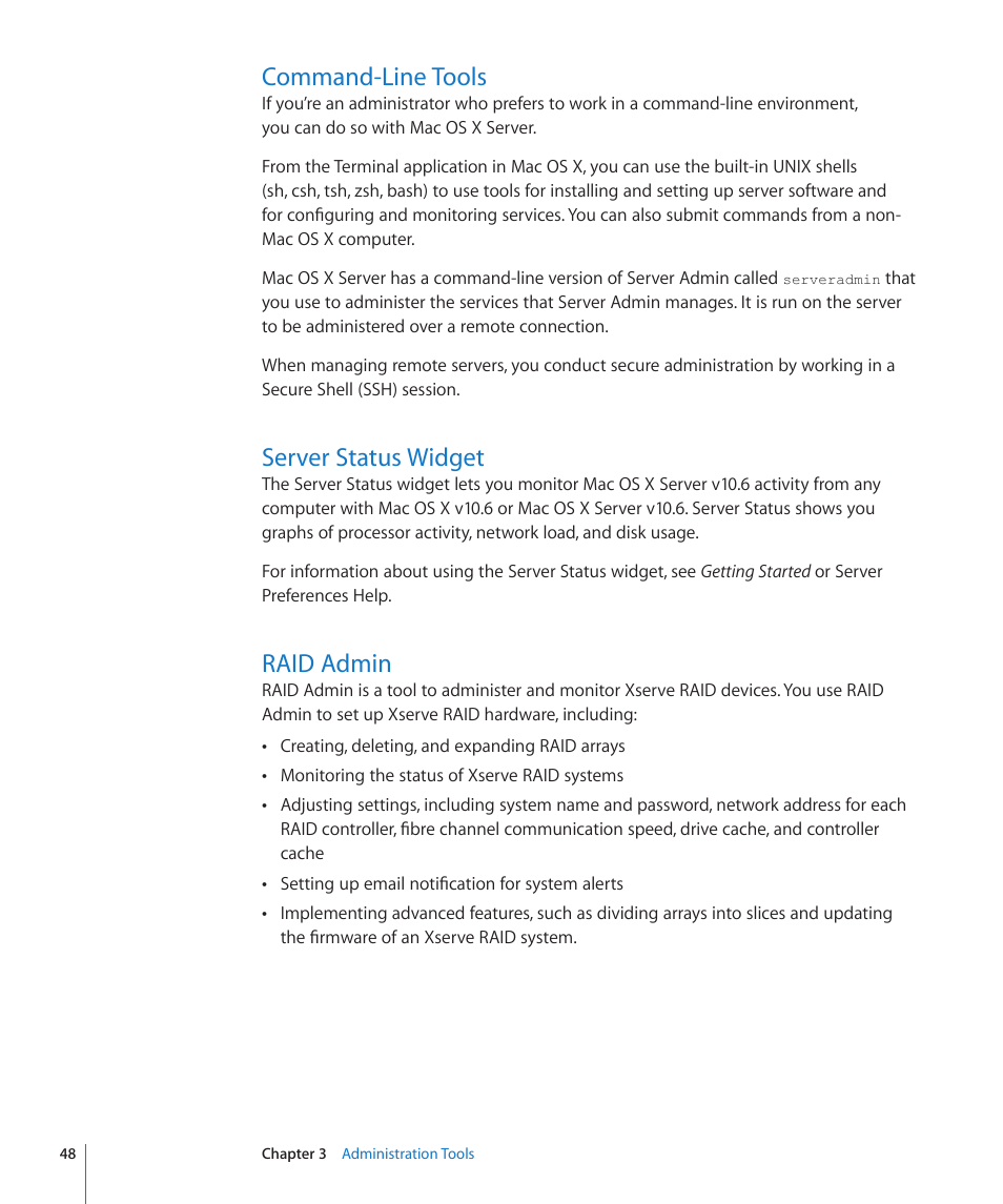 Command-line tools, Server status widget, Raid admin | Apple Mac OS X Server (Version 10.6 Snow Leopard) User Manual | Page 48 / 197