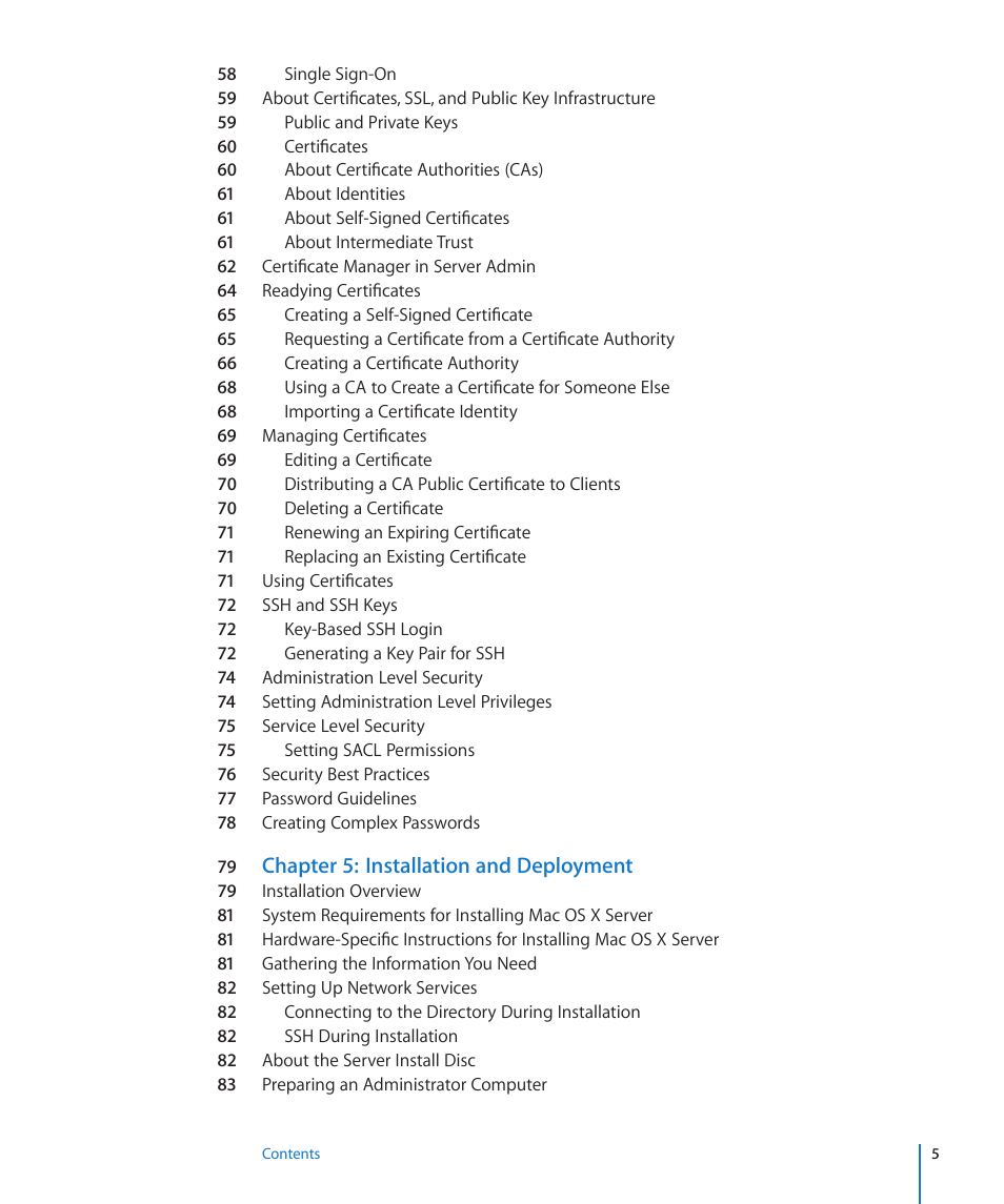 Chapter 5: installation and deployment | Apple Mac OS X Server (Version 10.6 Snow Leopard) User Manual | Page 5 / 197