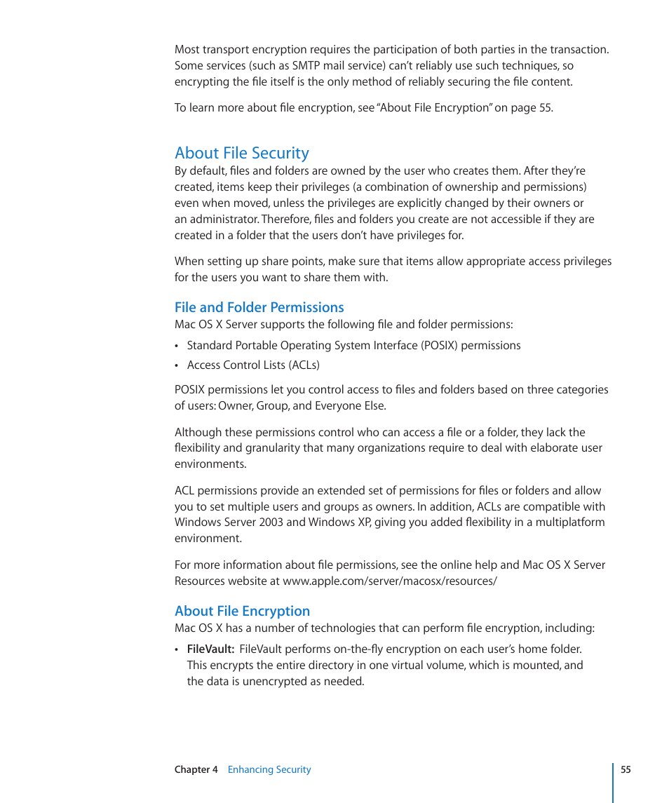 About file security, File and folder permissions, About file encryption | 55 about file security 55 | Apple Mac OS X Server (Version 10.6 Snow Leopard) User Manual | Page 55 / 197