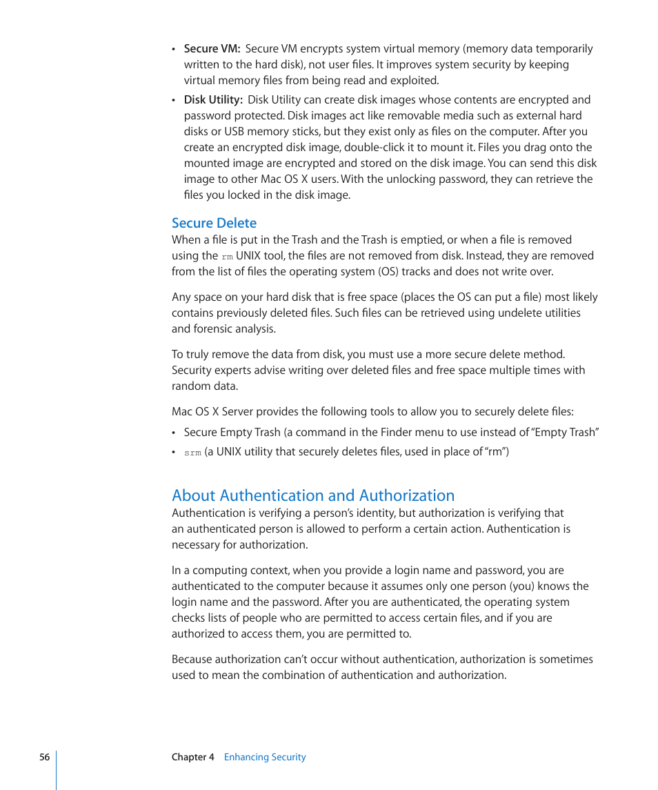 Secure delete, About authentication and authorization, 56 about authentication and authorization | Apple Mac OS X Server (Version 10.6 Snow Leopard) User Manual | Page 56 / 197
