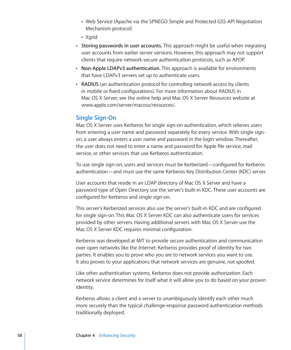 Single sign-on | Apple Mac OS X Server (Version 10.6 Snow Leopard) User Manual | Page 58 / 197