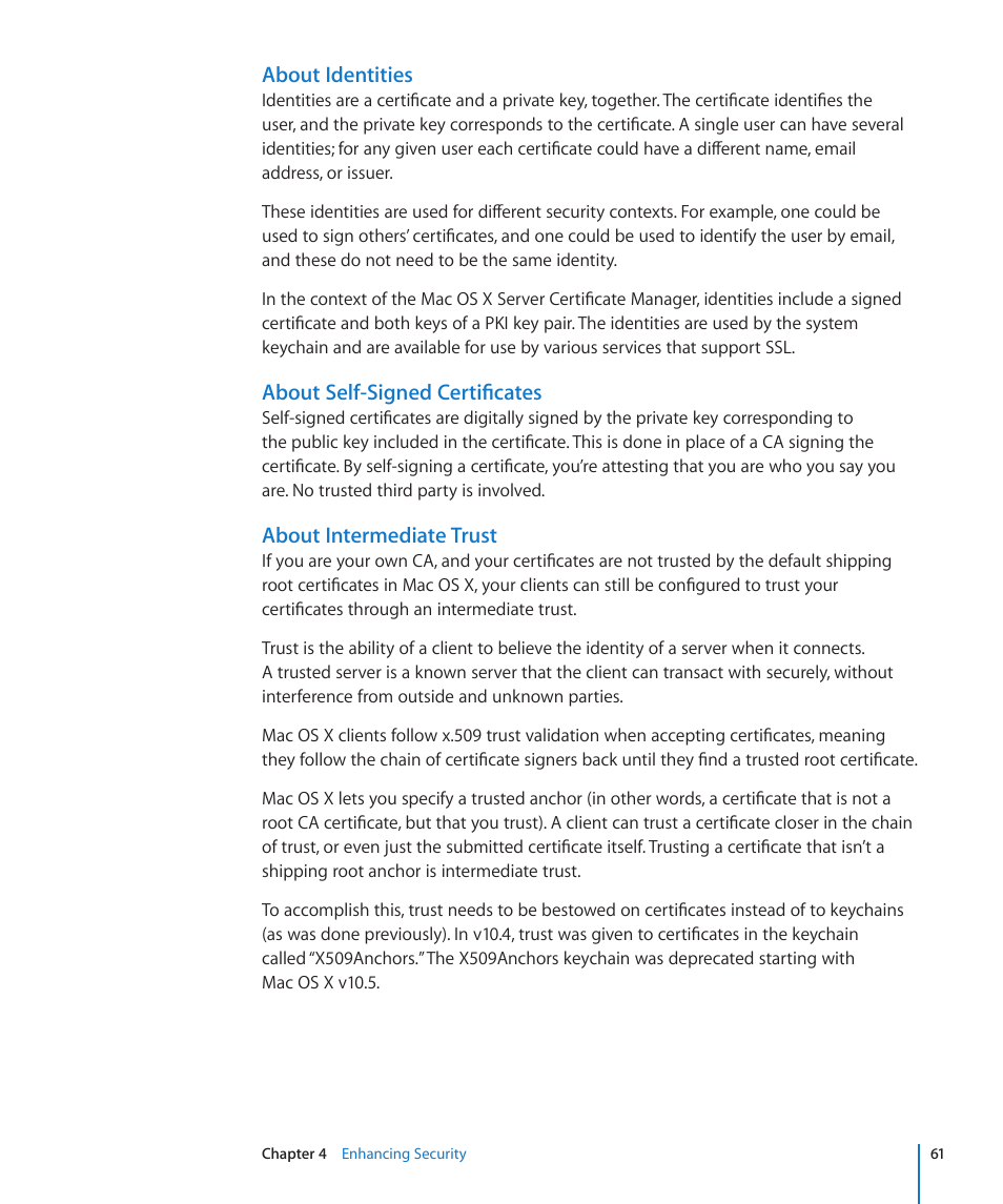 About identities, About self-signed certificates, About intermediate trust | Apple Mac OS X Server (Version 10.6 Snow Leopard) User Manual | Page 61 / 197