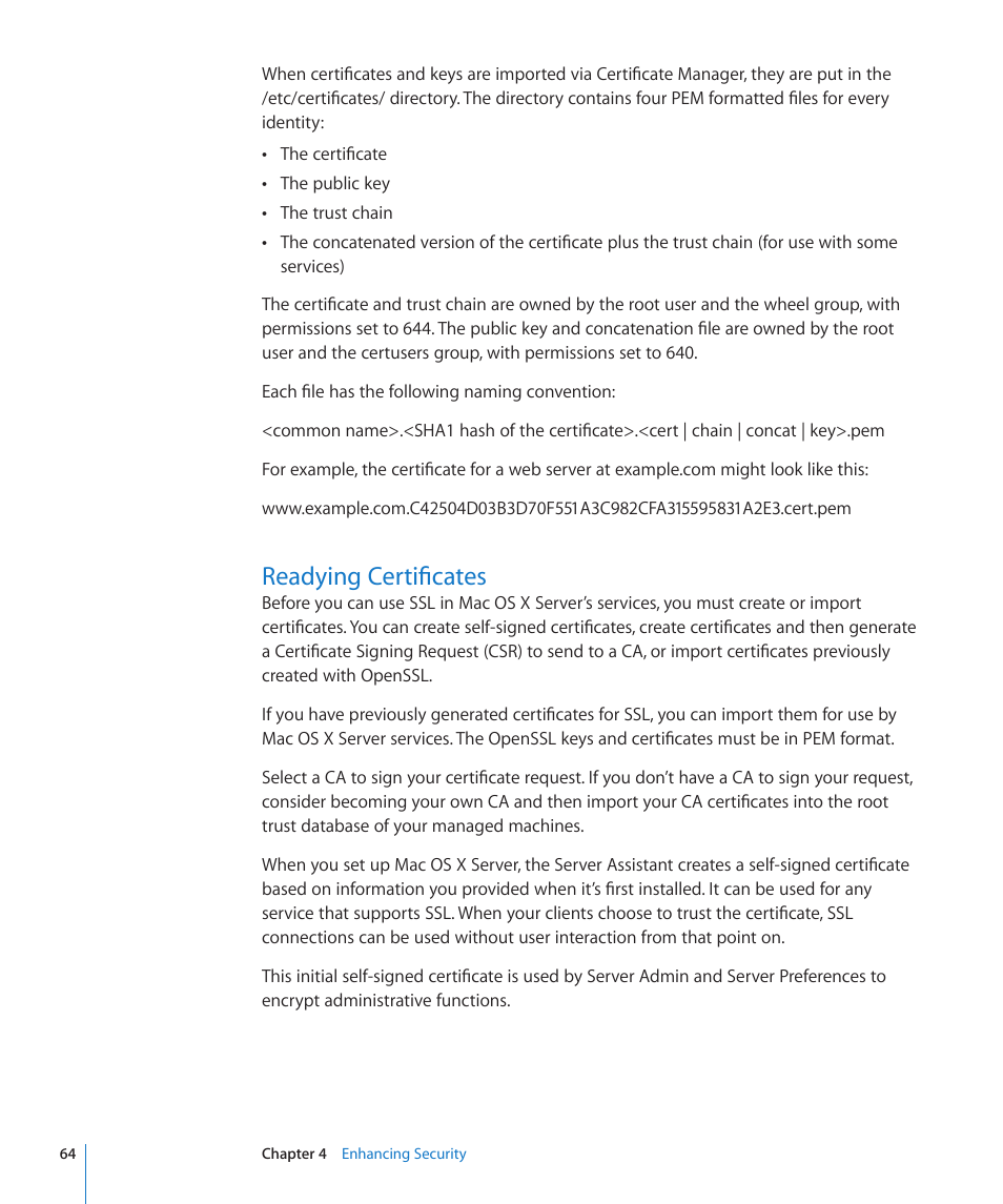 Readying certificates, 64 readying certificates | Apple Mac OS X Server (Version 10.6 Snow Leopard) User Manual | Page 64 / 197