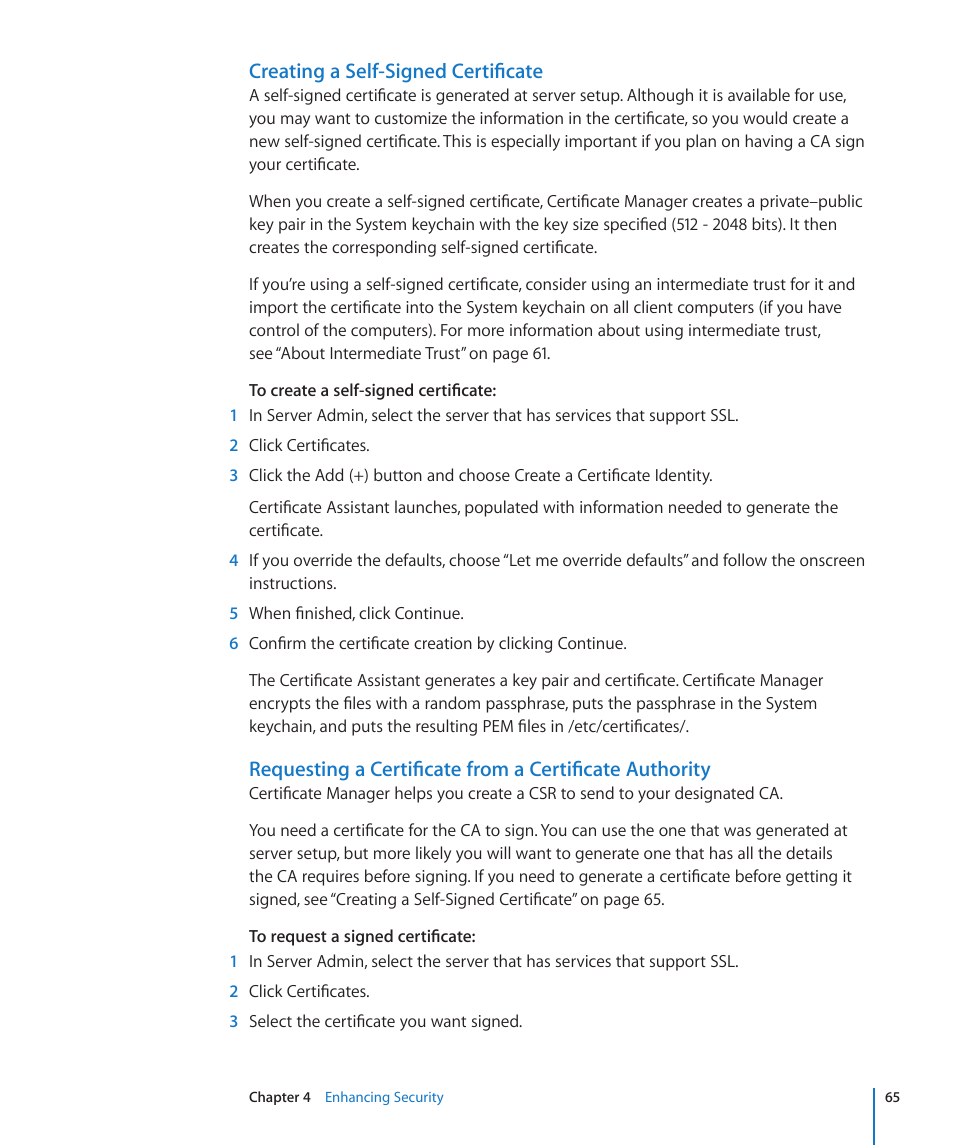 Creating a self-signed certificate | Apple Mac OS X Server (Version 10.6 Snow Leopard) User Manual | Page 65 / 197