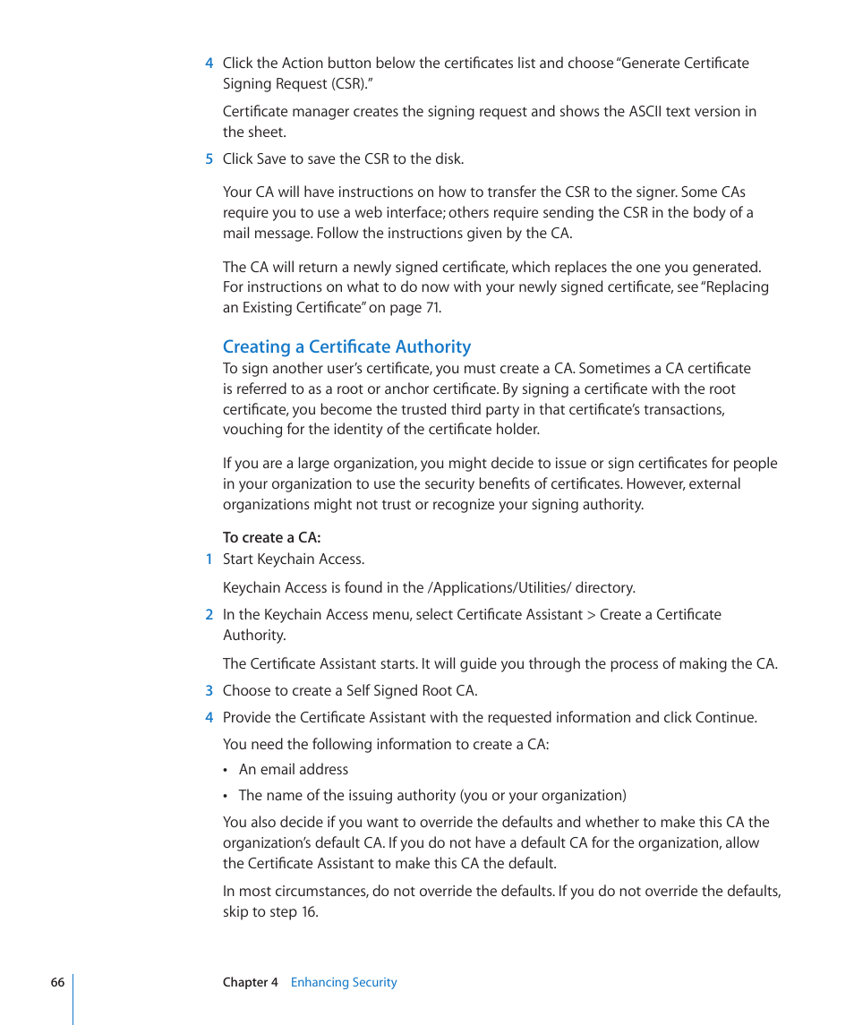 Creating a certificate authority | Apple Mac OS X Server (Version 10.6 Snow Leopard) User Manual | Page 66 / 197