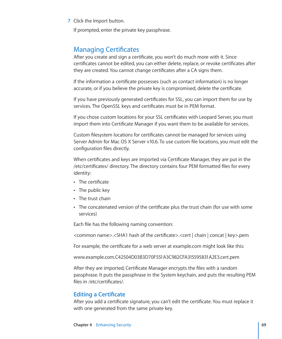 Managing certificates, Editing a certificate, 69 managing certificates 69 | Apple Mac OS X Server (Version 10.6 Snow Leopard) User Manual | Page 69 / 197