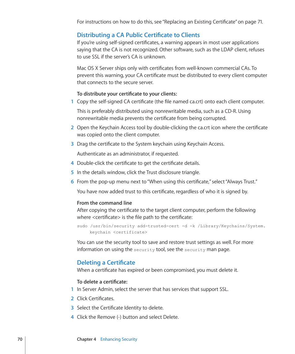 Distributing a ca public certificate to clients, Deleting a certificate | Apple Mac OS X Server (Version 10.6 Snow Leopard) User Manual | Page 70 / 197