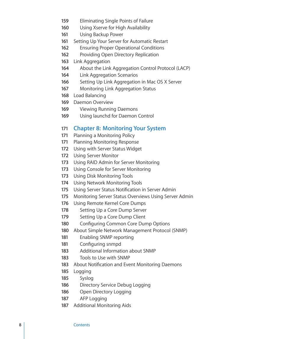 Chapter 8: monitoring your system | Apple Mac OS X Server (Version 10.6 Snow Leopard) User Manual | Page 8 / 197