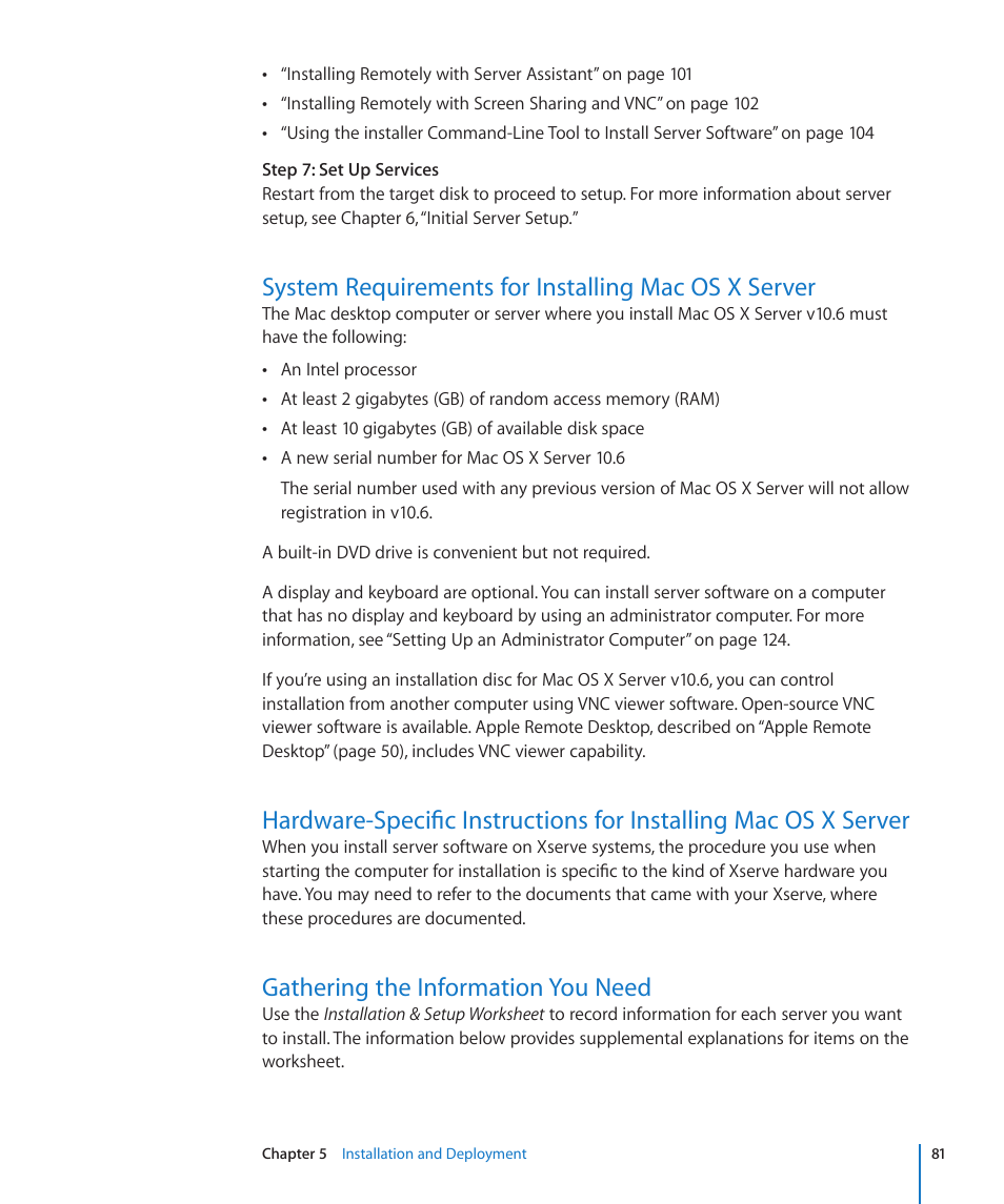 System requirements for installing mac os x server, Gathering the information you need | Apple Mac OS X Server (Version 10.6 Snow Leopard) User Manual | Page 81 / 197