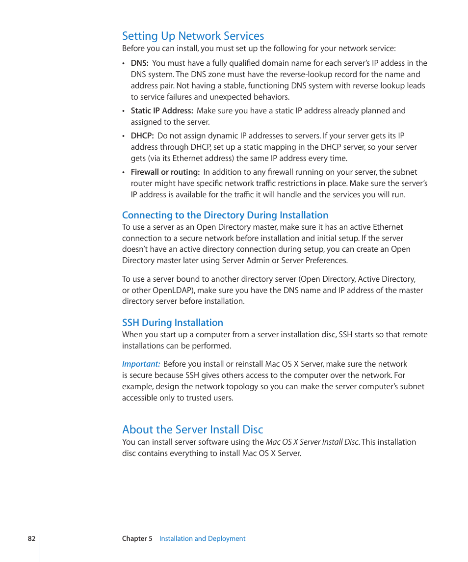 Setting up network services, Connecting to the directory during installation, Ssh during installation | About the server install disc, 82 setting up network services 82, 82 about the server install disc | Apple Mac OS X Server (Version 10.6 Snow Leopard) User Manual | Page 82 / 197