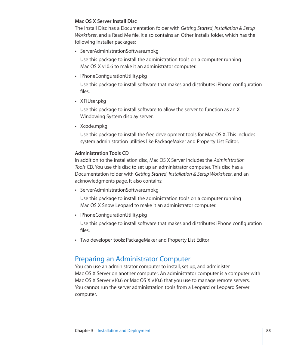 Preparing an administrator computer, 83 preparing an administrator computer | Apple Mac OS X Server (Version 10.6 Snow Leopard) User Manual | Page 83 / 197