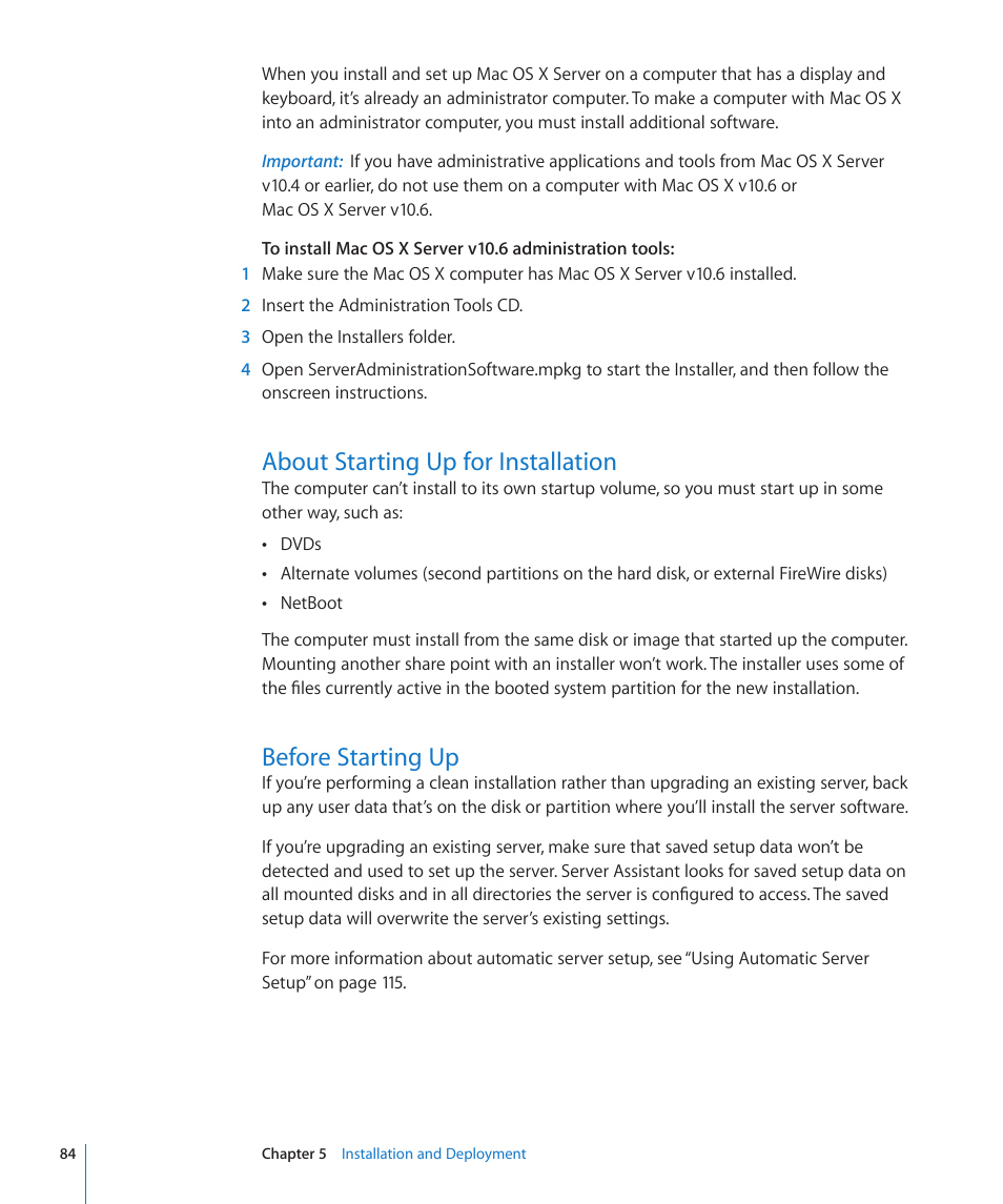 About starting up for installation, Before starting up | Apple Mac OS X Server (Version 10.6 Snow Leopard) User Manual | Page 84 / 197