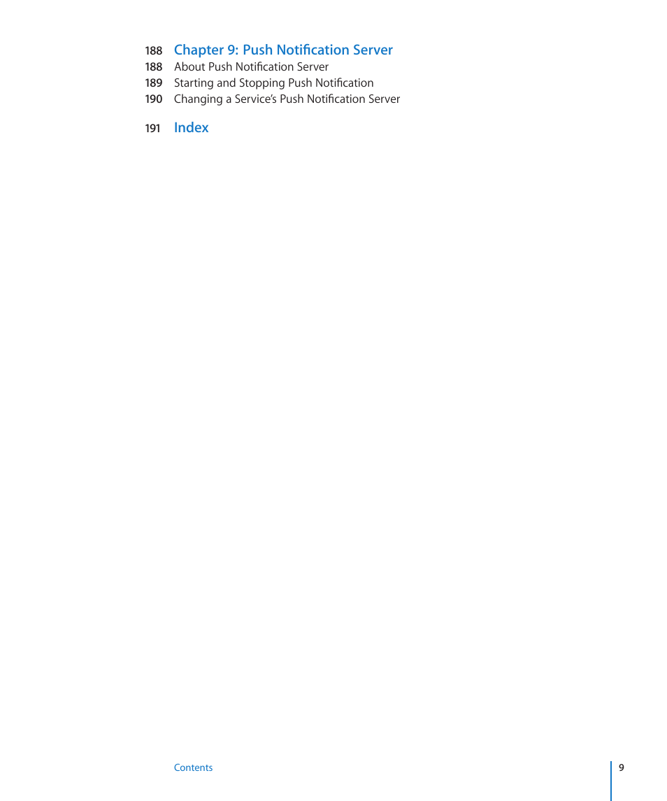 Chapter 9: push notification server, Index | Apple Mac OS X Server (Version 10.6 Snow Leopard) User Manual | Page 9 / 197