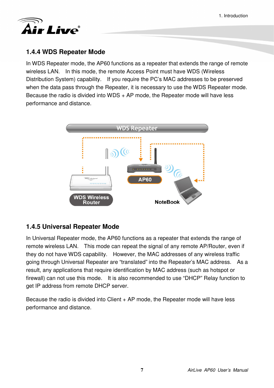 4 wds repeater mode, 5 universal repeater mode | AirLive AP60 User Manual | Page 13 / 101