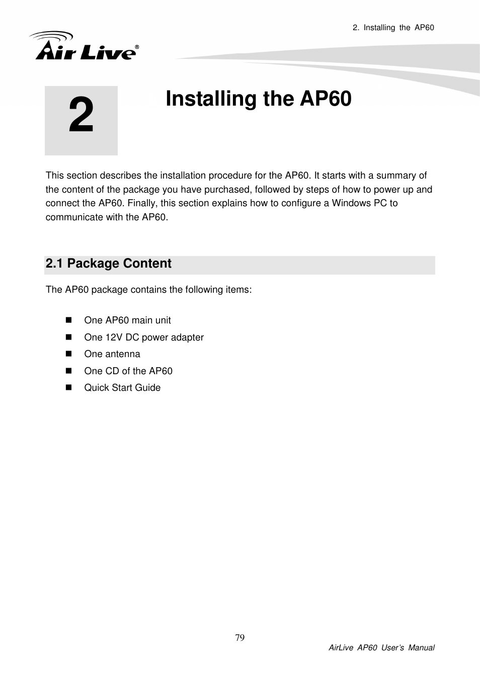 Installing the ap60, 1 package content | AirLive AP60 User Manual | Page 17 / 101