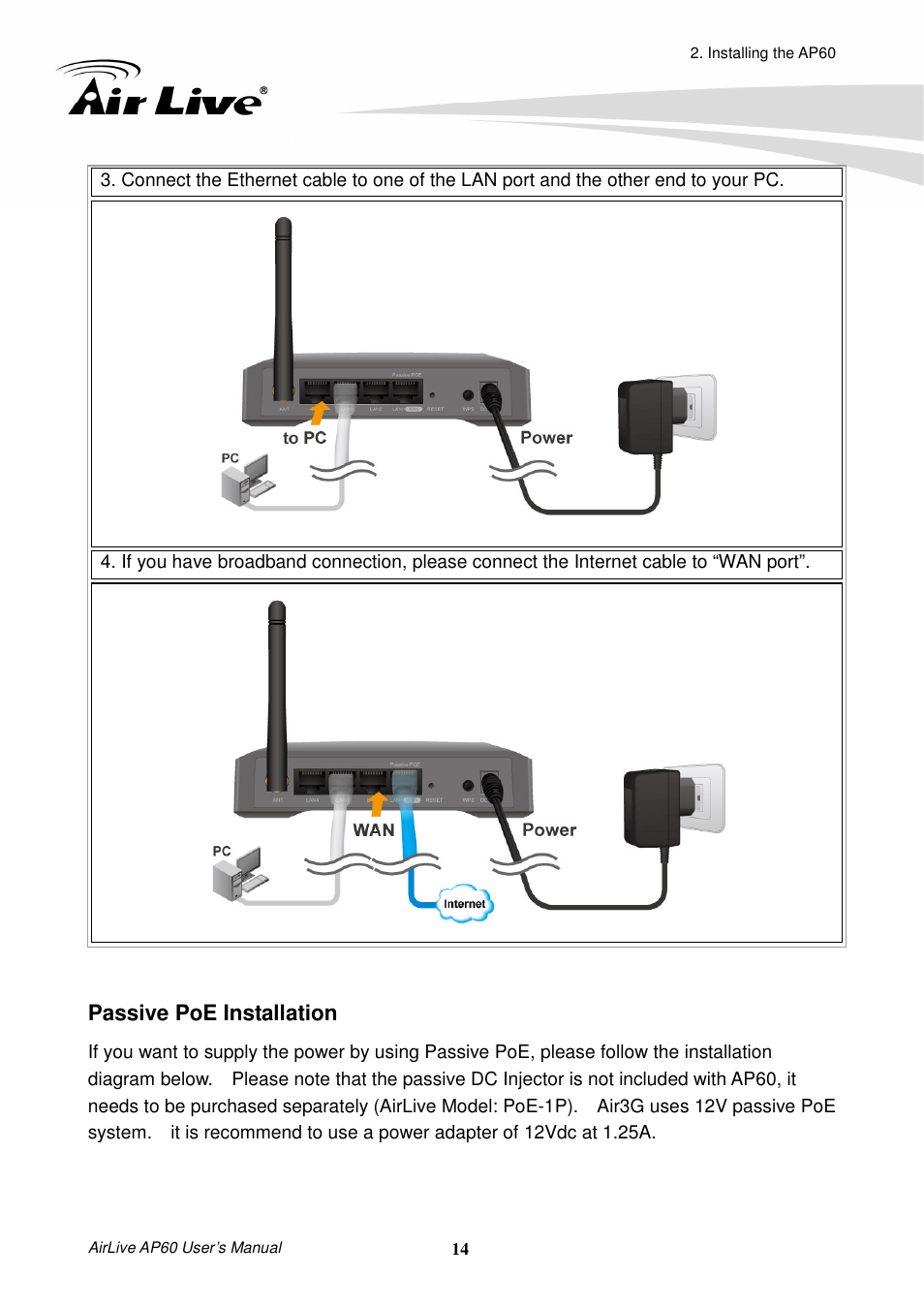 Passive poe installation | AirLive AP60 User Manual | Page 20 / 101