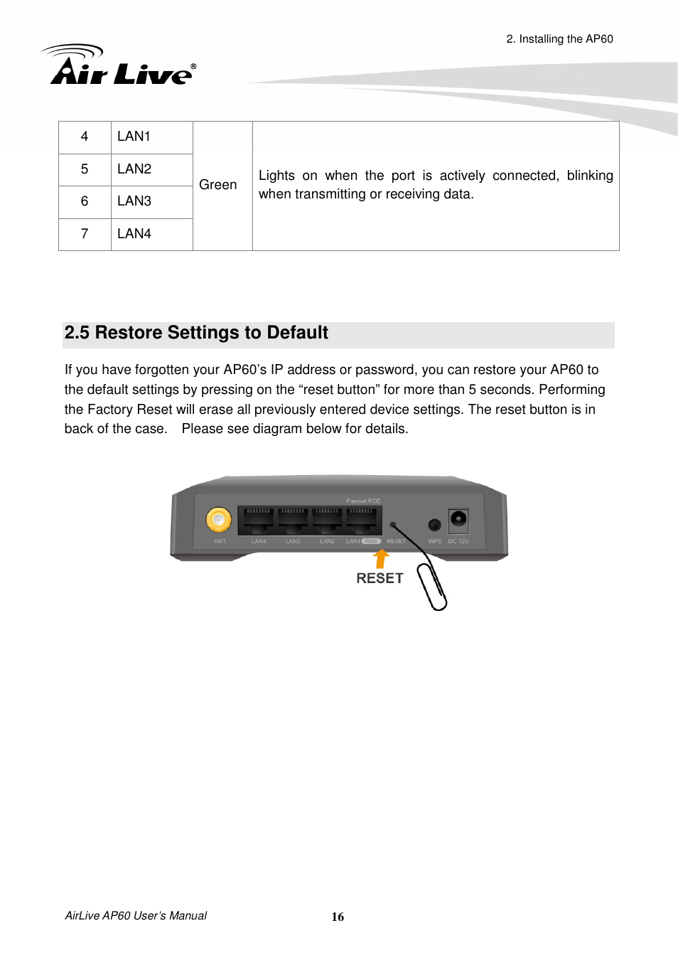 5 restore settings to default | AirLive AP60 User Manual | Page 22 / 101