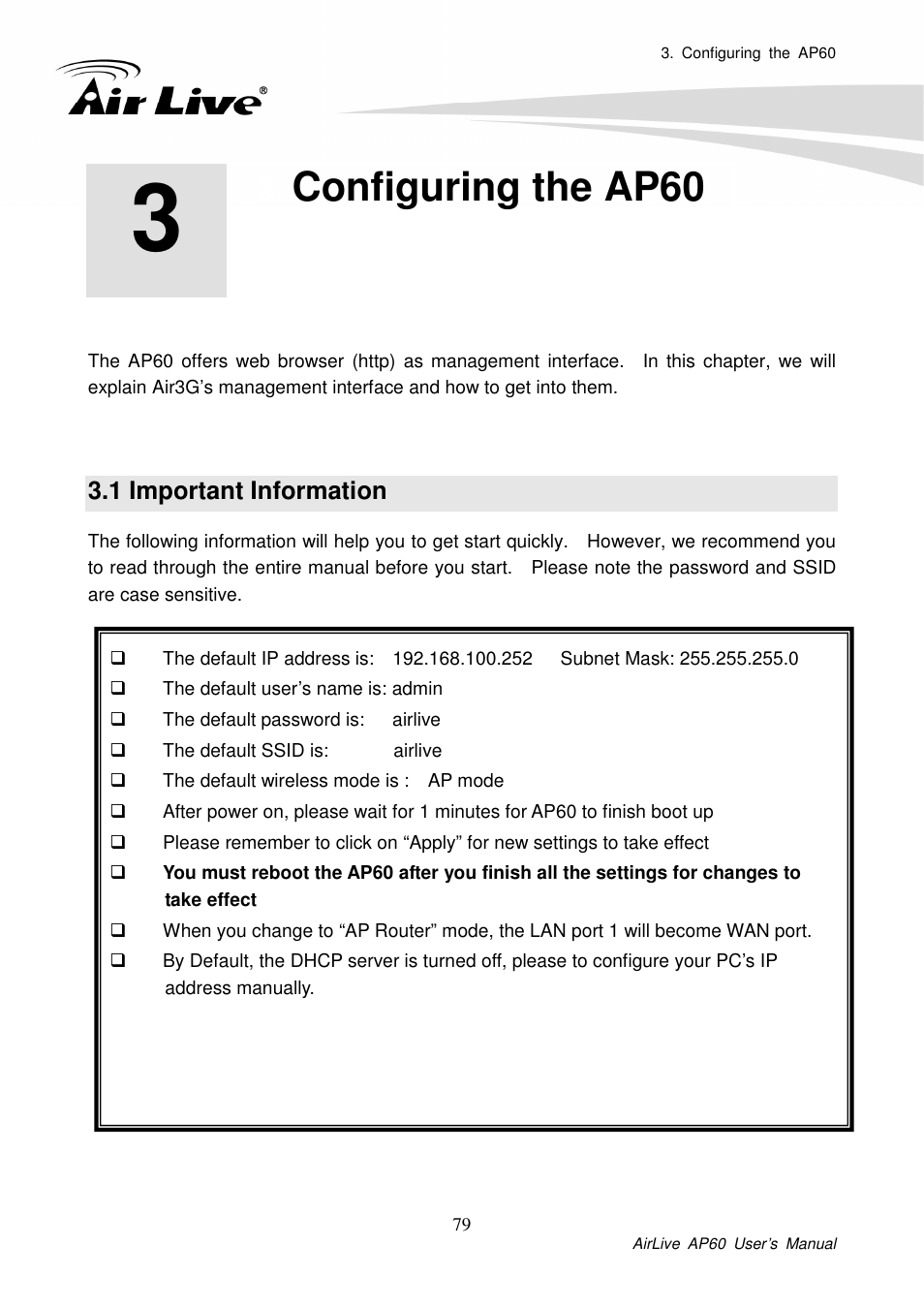 Configuring the ap60, 1 important information | AirLive AP60 User Manual | Page 23 / 101