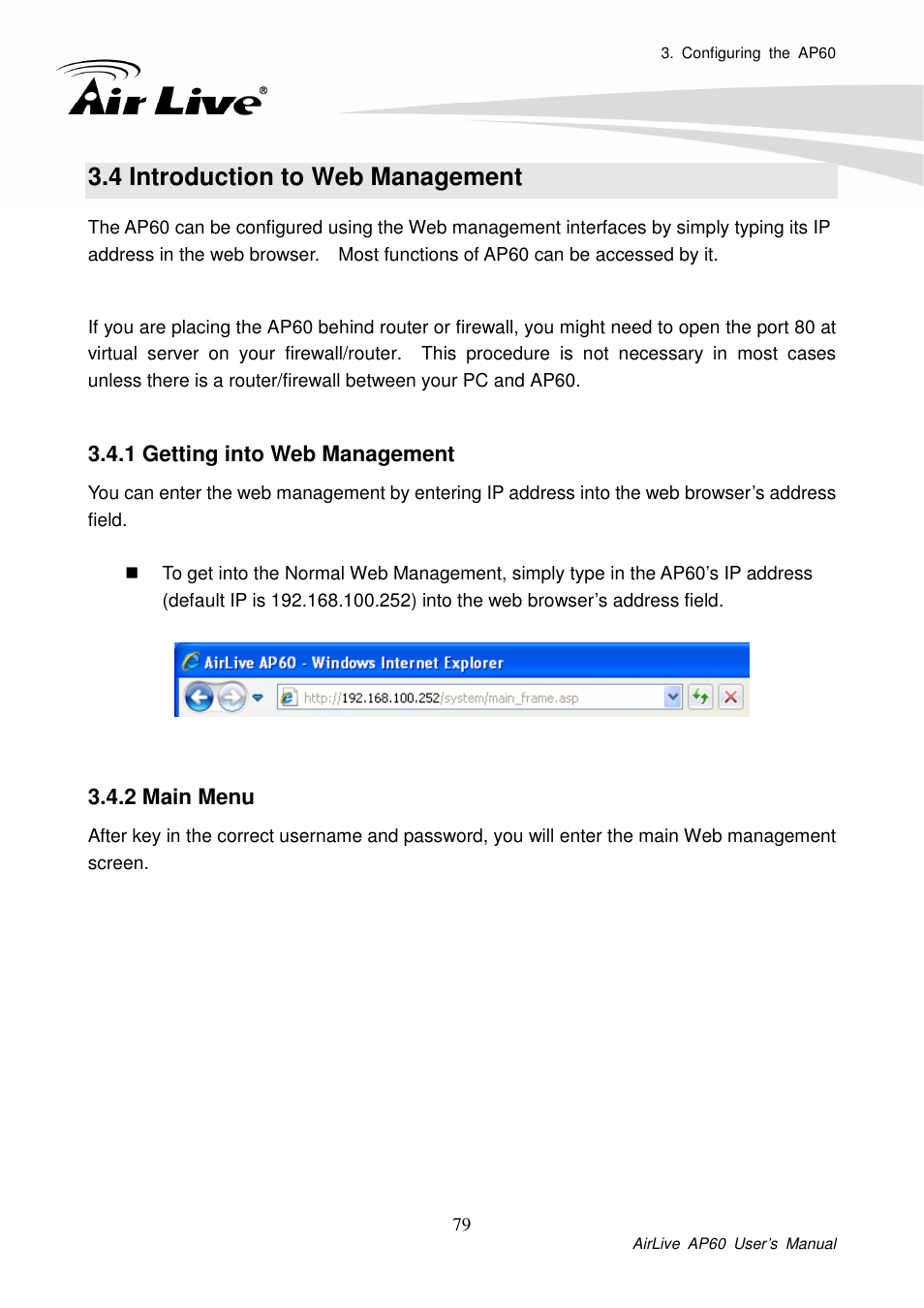 4 introduction to web management, 1 getting into web management, 2 main menu | AirLive AP60 User Manual | Page 27 / 101