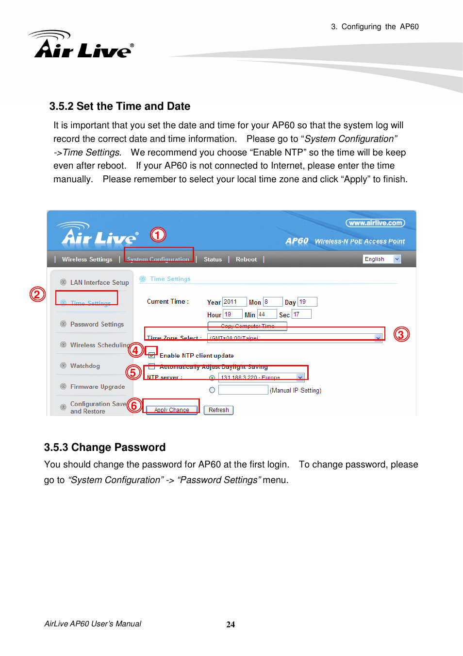 2 set the time and date, 3 change password | AirLive AP60 User Manual | Page 30 / 101