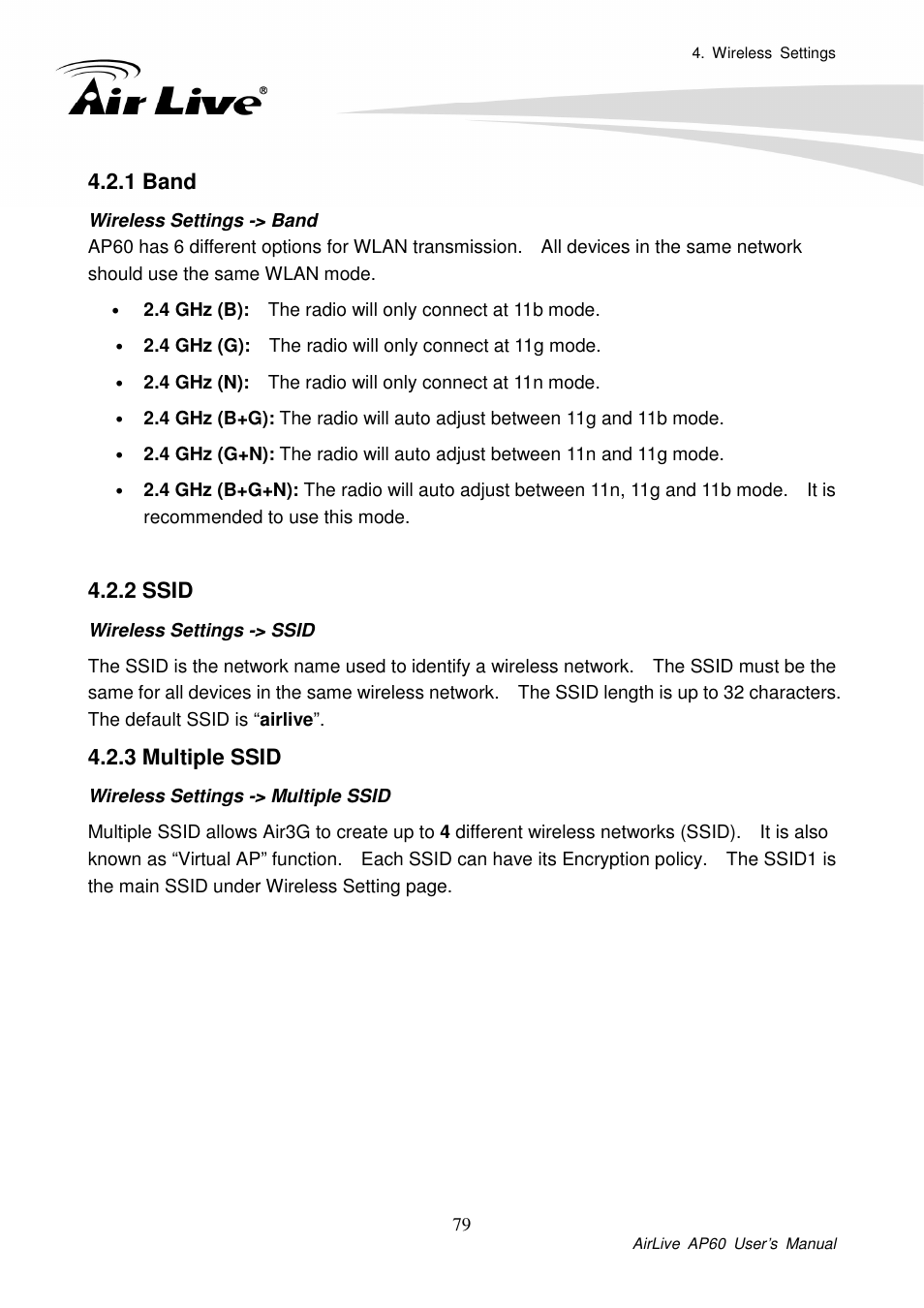 1 band, 2 ssid, 3 multiple ssid | AirLive AP60 User Manual | Page 35 / 101