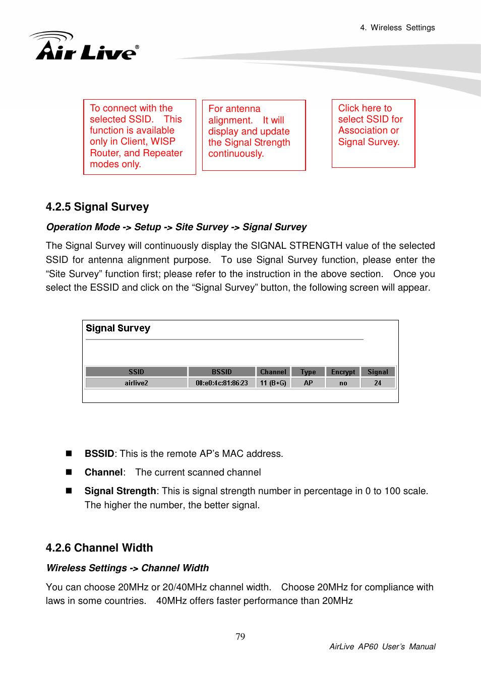 5 signal survey, 6 channel width | AirLive AP60 User Manual | Page 37 / 101