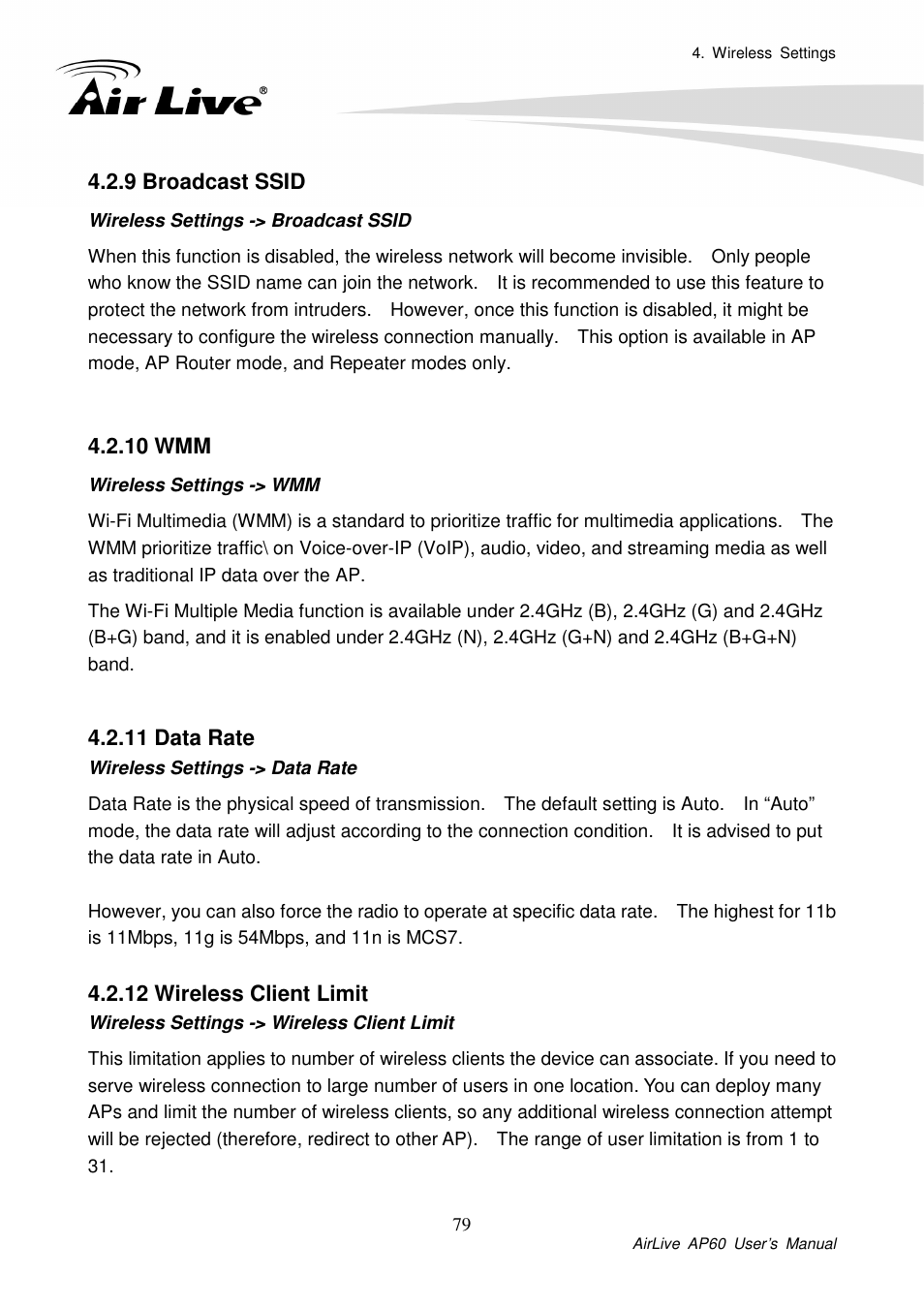 9 broadcast ssid, 10 wmm, 11 data rate | 12 wireless client limit | AirLive AP60 User Manual | Page 39 / 101