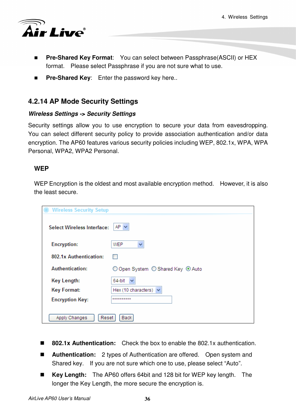 14 ap mode security settings | AirLive AP60 User Manual | Page 42 / 101