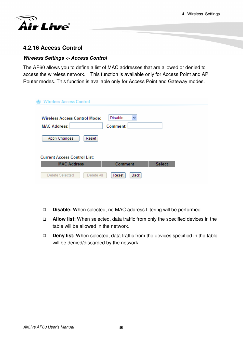 16 access control | AirLive AP60 User Manual | Page 46 / 101