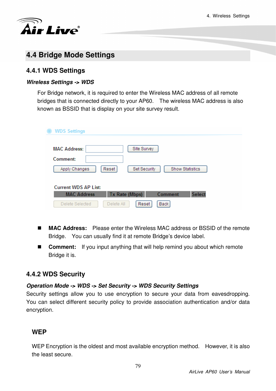 4 bridge mode settings, 1 wds settings, 2 wds security | AirLive AP60 User Manual | Page 49 / 101