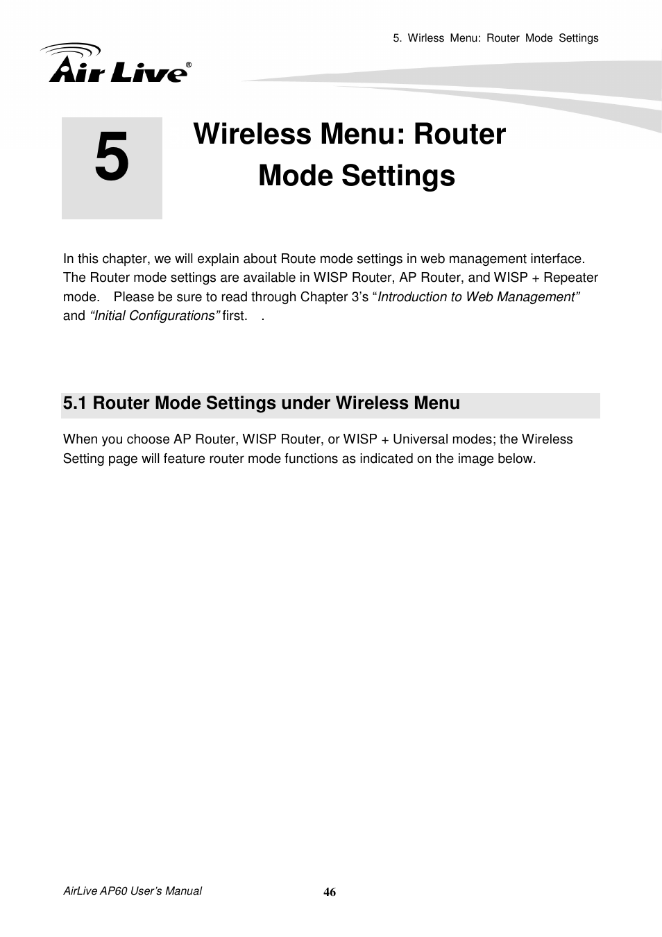 Wireless menu: routermode settings, 1 router mode settings under wireless menu, Wireless menu: router mode settings | AirLive AP60 User Manual | Page 52 / 101