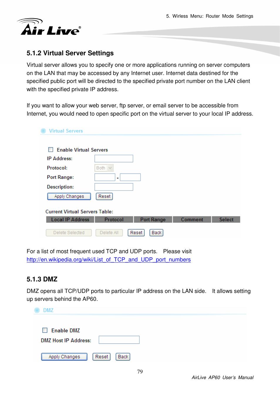 2 virtual server settings, 3 dmz | AirLive AP60 User Manual | Page 55 / 101