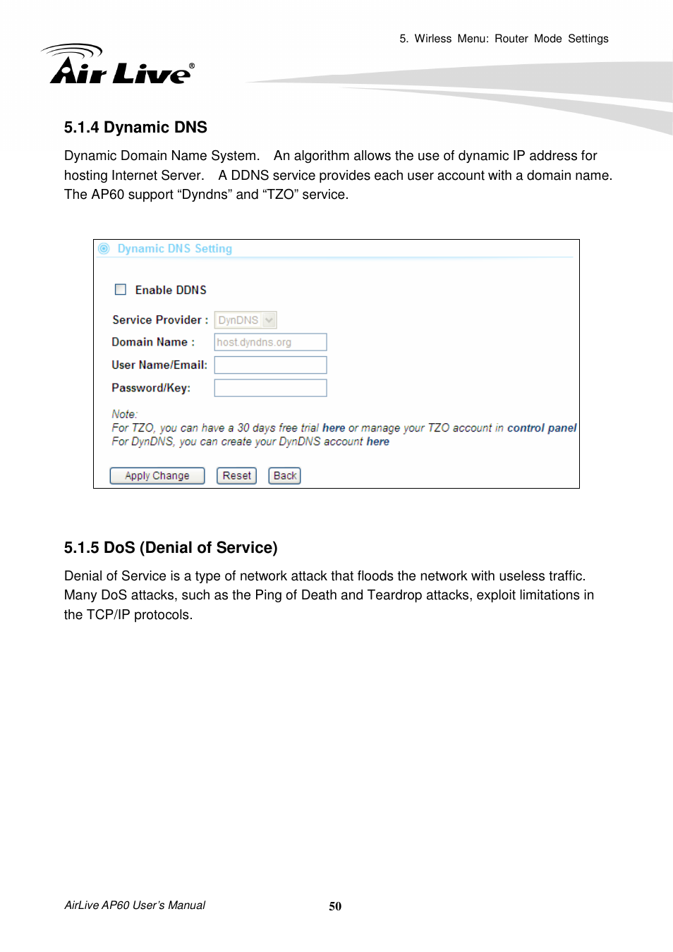 4 dynamic dns, 5 dos (denial of service) | AirLive AP60 User Manual | Page 56 / 101