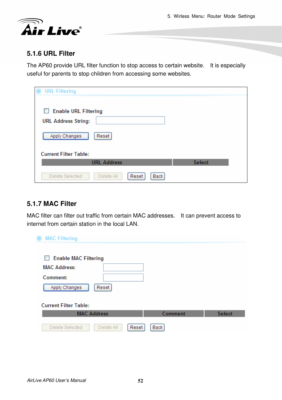 6 url filter, 7 mac filter | AirLive AP60 User Manual | Page 58 / 101